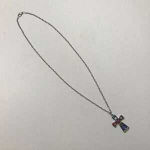 Silver Tone Delicate Colorful Cross Pendant Chain Necklace 19 inches
